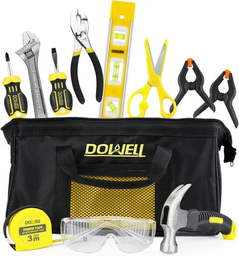 DOWELL Juego de herramientas para niños con bolsa de herramientas que incluye herramientas de mano de metal reales para niños y niñas, juego de