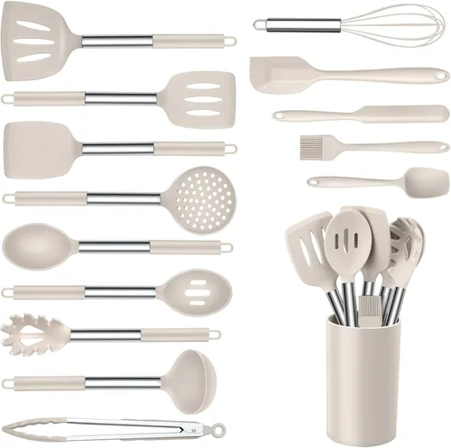 Onader Juego de 15 utensilios de cocina de silicona, juego de utensilios de cocina con soporte para utensilios de cocina antiadherentes, mango de