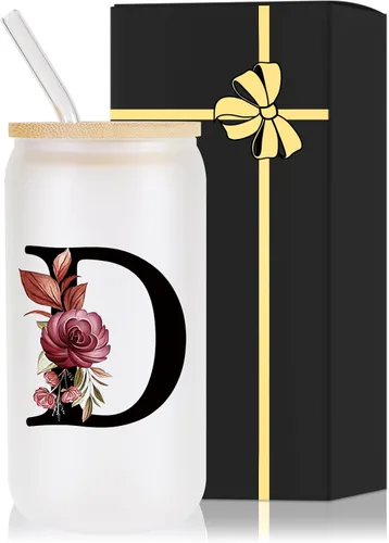 Miniatura 7 de Vaso de vidrio con monograma con tapa de bambú, popote personalizado, vaso de café helado de 16 onzas, tarro transparente de masón, cerveza, agua