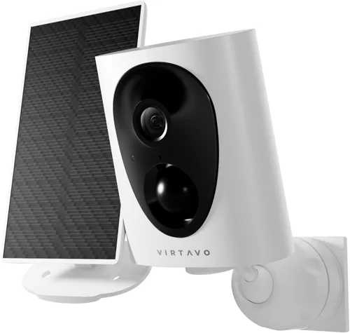 virtavo SolarFlask 2K Cámaras de seguridad solares inalámbricas para exteriores, lente Starlight, visión nocturna a color, detección de movimiento