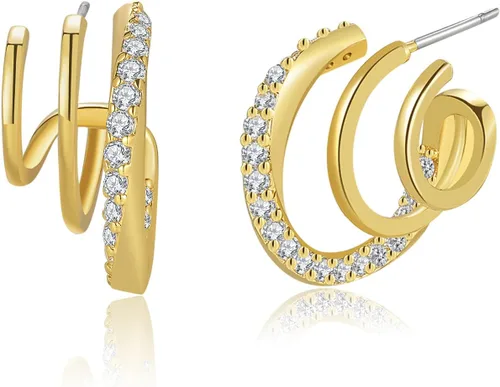 Obidos - Aretes tipo dormilona triples chapados en oro de 14 quilates con detalles decorativos Arracadas de oro para mujer