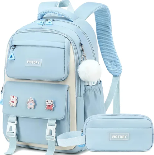 Miniatura 14 de AO ALI VICTORY Mochila para mujeres y niñas, conjunto con estuche para lápices de 15.6 pulgadas, mochila escolar para computadora portátil, mochila