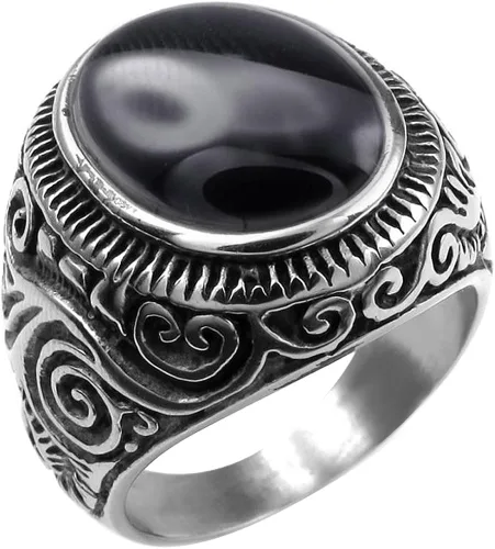 Miniatura 2 de XAHH - Anillo de acero inoxidable para hombre, diseño de ágata ovalada, color plateado y negro