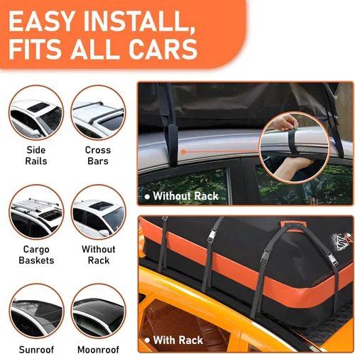 Miniatura 3 de Asinking Bolsa de techo para automóvil, bolsa de carga superior de 15 pies cúbicos, impermeable para todos los autos con/sin estante, incluye