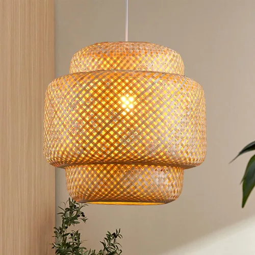 Miniatura 13 de Luces Colgantes Bohemias, Candelabro de Ratán de 1 Luz de 15.7", Luz Colgante de Mimbre Tejida a Mano con Pantalla de Jacinto de Agua, Luz Colgante
