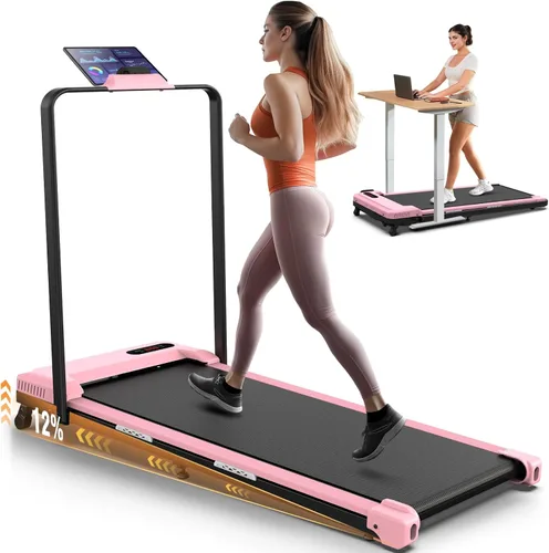Miniatura 13 de ANCHEER Cinta de correr con inclinación del 12%/15%, almohadilla plegable con barra de asa, capacidad de 320-450 libras debajo del escritorio, Rojo