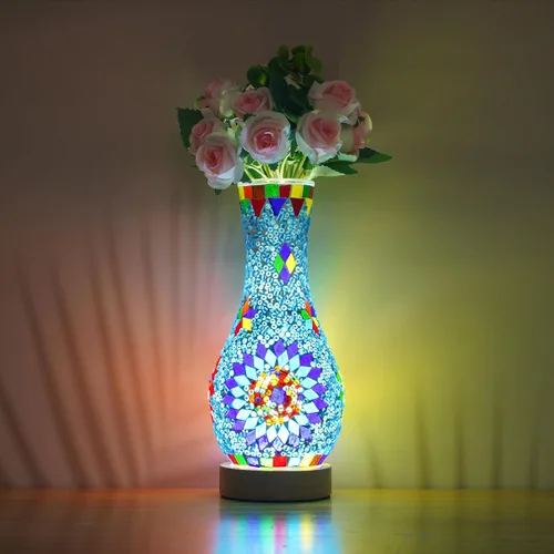 Miniatura 12 de Lámpara de mesa turca marroquí con mosaico, jarrón de vidrio hecho a mano con base de madera, iluminación decorativa para dormitorio, sala de estar