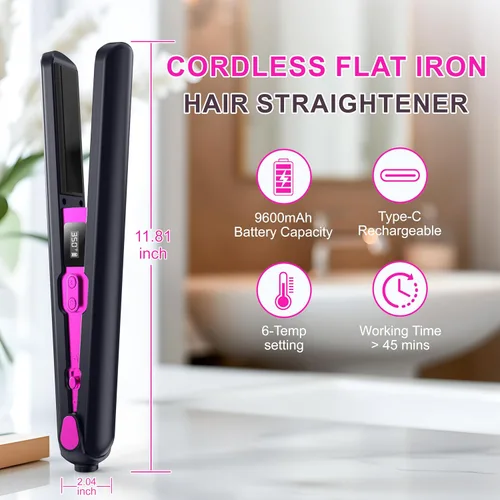 Miniatura 7 de Plancha plana inalámbrica 2 en 1 y rizador, alisador de pelo inalámbrico recargable con batería de 9600 mAh, pantalla LCD, tecnología de iones