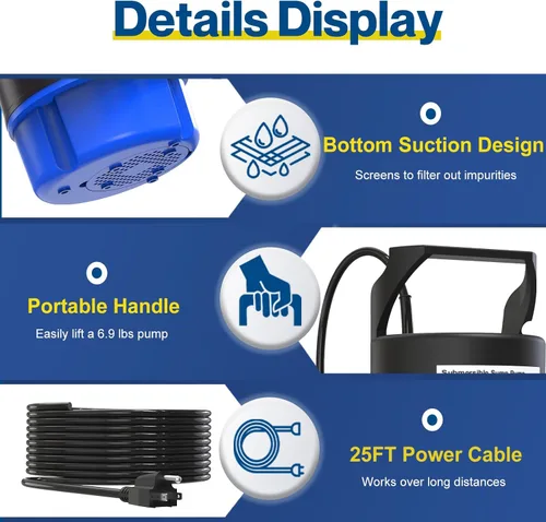 Miniatura 3 de AgiiMan Bomba de agua sumergible de 1/2 HP, bomba de sumidero portátil de 2200 GPH para drenaje de piscina, bomba de cubierta de piscina con cable
