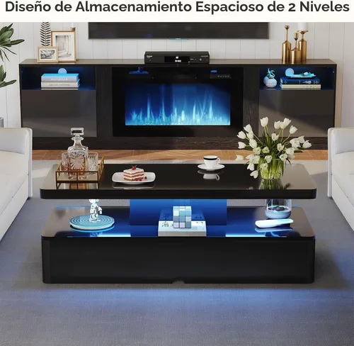 Miniatura 5 de MXV - Mesa de café moderna, mesas de café de 40 pulgadas con luces LED de 16 colores, mesa central rectangular de 2 niveles, gran espacio de 40