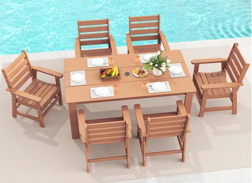 Miniatura 25 de GREENVINES Juego de comedor al aire libre de 7 piezas Juegos de mesa y sillas de plástico HDPE de 67 pulgadas para 6 Muebles de patio Todo