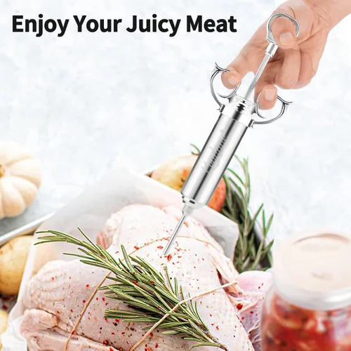 Miniatura 4 de Jeringa inyectora de carne 2-oz de sabor adobo en acero inoxidable 304 con 3 agujas de marinado para parrilla, ahumador, pavo, pescado, res, incluye