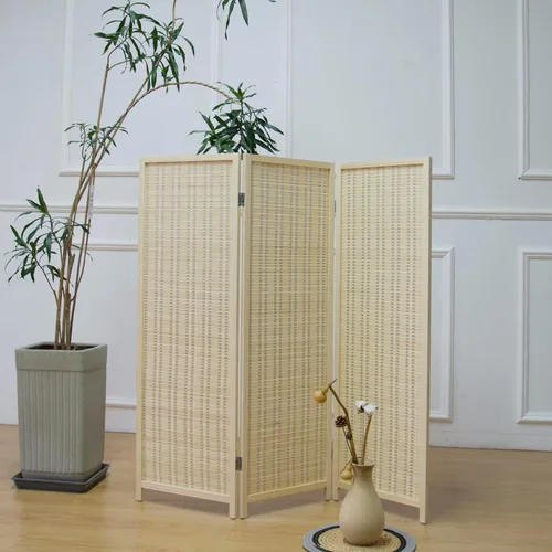 Miniatura 4 de Furnnylane Pantalla divisora corta de habitación de 3 paneles, partición independiente beige, pequeño divisor de panel de bambú para separación