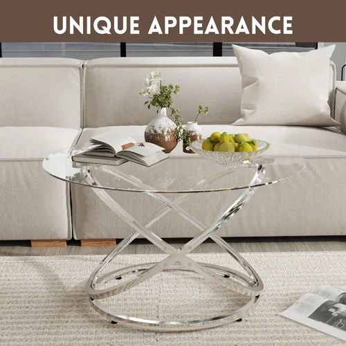 Miniatura 2 de Otterease Mesa de centro de vidrio de 31", mesa auxiliar moderna con marco de metal plateado con anillo, mesa de centro redonda de vidrio