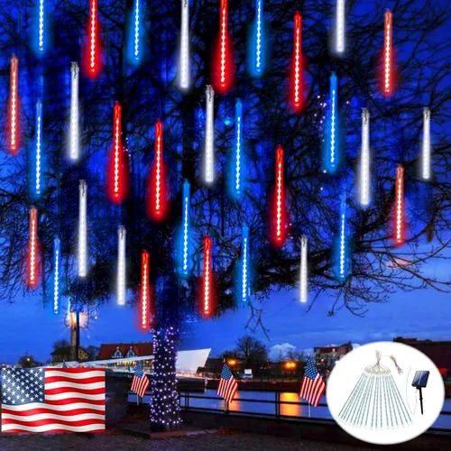 Decoraciones para el 4 de julio al aire libre, 250 aniversario de Estados Unidos, luces solares de lluvia de meteoritos rojas, blancas y azules, 18