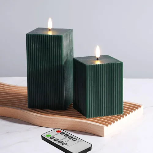 Velas sin Llama Acanaladas Verde Oscuro con Control Remoto, Velas LED Cuadradas a Batería Juego de 2 Φ 3" H 4" 6"