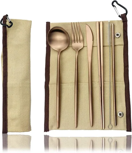 Miniatura 26 de JASHII El juego de cubiertos de viaje incluye cuchillo reutilizable, tenedor, cuchara, palillos, pajilla, utensilios ecológicos, utensilios de Azul