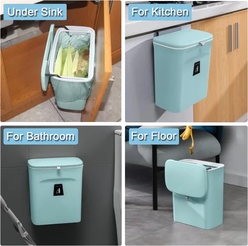 Miniatura 6 de Tiyafuro - Bote de compostaje de cocina de 2,4 galones para encimera o debajo del fregadero, cubo de basura pequeño colgante con tapa para Azul