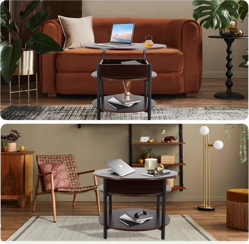 Miniatura 7 de FAHKNS Mesa auxiliar redonda con parte superior elevable con almacenamiento y compartimento oculto, mesa circular de dos niveles de 26.77 pulgadas