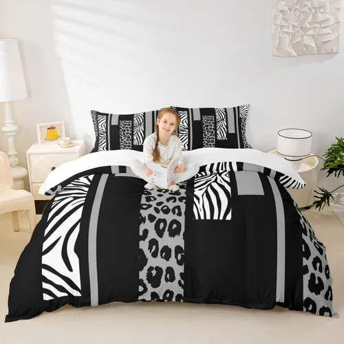 Miniatura 9 de Juego de funda de edredón con estampado de leopardo, tamaño individual, juego de ropa de cama rústica con rayas de piel de cebra, decoración