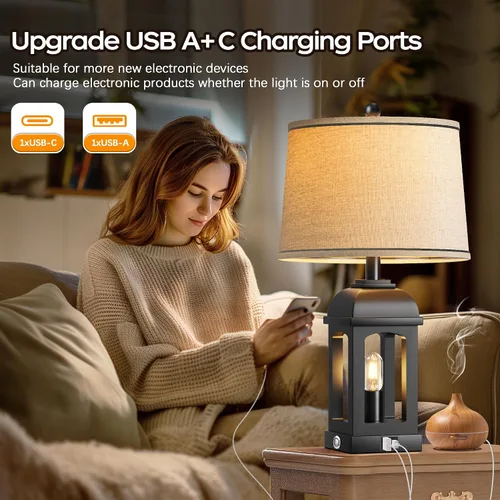 Miniatura 4 de QiMH Lámpara de mesa para sala de estar, lámparas de granja con USB A+C y luz nocturna, lámparas de noche rústicas de 26" con control táctil