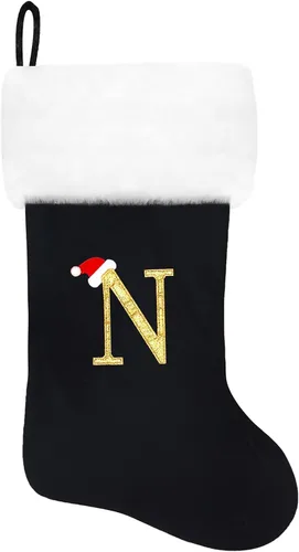 Miniatura 68 de Calcetines de Navidad bordados de 20 pulgadas con monograma, terciopelo negro con puño de felpa blanca supersuave, adornos clásicos para decoración
