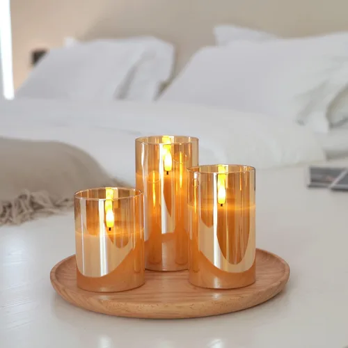 Miniatura 6 de Amagic juego de 3 velas sin llama de vidrio dorado, operadas con pilas con temporizador, control remoto, velas LED parpadeantes falsas de pilar