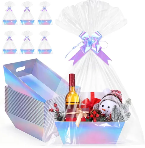 Miniatura 28 de AFOROEOA Paquete de 10 cestas vacías para regalos, cesta de regalo de papel kraft de 10 x 12 pulgadas de grosor con 10 lazos, 10 bolsas vacías