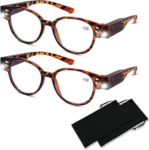 Paquete de 2 lupas con luz de lectura con luces, lectores LED brillantes, lentes de lectura iluminados, anteojos de bloqueo de luz azul, lupa,