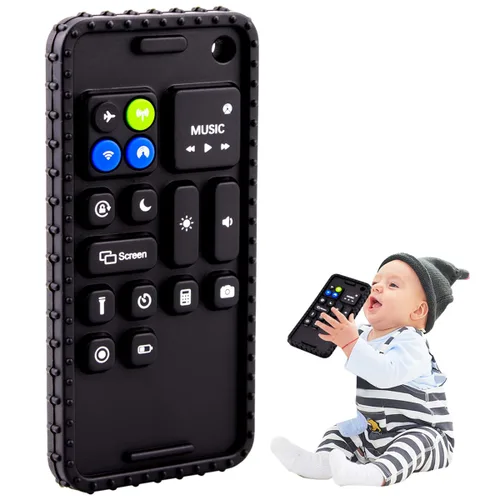 Mordedores de silicona suave para teléfono celular para bebés, juguetes de dentición de 0 a 12 meses, mordedor infantil para lactancia materna Negro