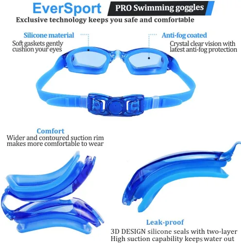 Miniatura 5 de EverSport Gafas de natación para niños, paquete de 2 gafas de natación para niños y adolescentes, gafas de natación antivaho anti-UV para jóvenes