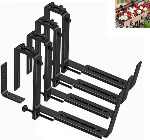 Y&M Soportes de caja de ventana, de hierro resistente, ajustables, para barandillas, perfectos para balcones, vallas y jardines (4 unidades)