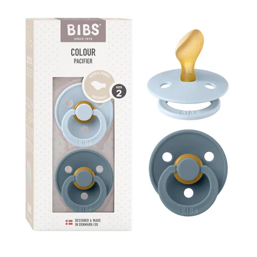BIBS Chupetes – Juego de 2 chupetes de color con pezón anatómico, goma natural sin BPA, fabricados en Dinamarca, color azul bebé/gasolina, de 6 a 18