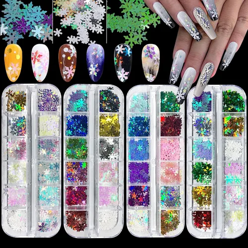 Miniatura 9 de EBANKU Brillantina para Uñas Navideña de 36 Compartimentos - Lentejuelas Holográficas 3D de Invierno Copo de Nieve Estrella Árbol Brillantina Láser