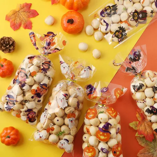 Miniatura 4 de Pajean Bolsas de celofán de Halloween a granel, bolsas de plástico para violonchelo con lazos giratorios, suministros de fiesta temática