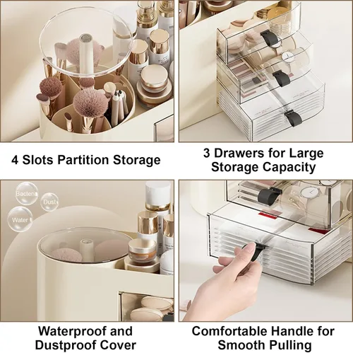 Miniatura 5 de DASITON Organizador de maquillaje con 3 cajones, soporte automático para brochas de maquillaje con tapa, organizador de maquillaje de gran capacidad