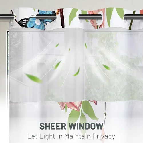 Miniatura 2 de WITHLOC Cortina de ducha sin gancho con forro a presión - Forro interior impermeable de tela, cortinas de ducha lavables de tela con flores rosadas