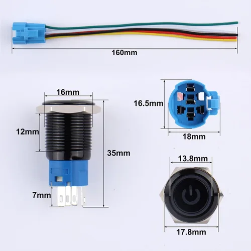 Miniatura 2 de 2 piezas interruptor de botón pulsador con pestillo de 16mm, 12V-24V, encendido/apagado, 1NO 1NC, impermeable IP66, carcasa de metal negro