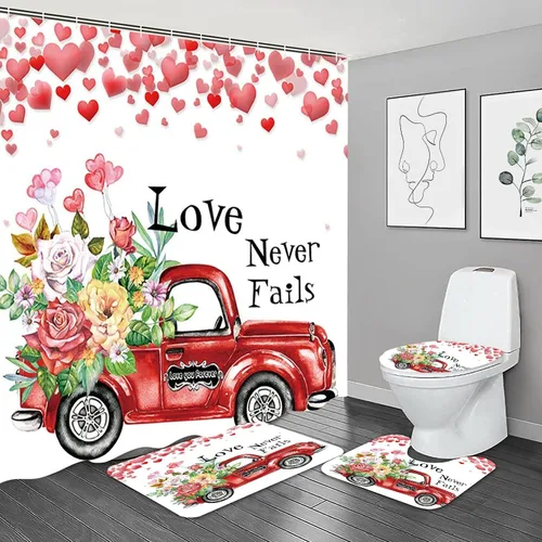 NBVKO Juego de 4 cortinas de ducha de San Valentín con diseño de amor y rosas, tapetes antideslizantes, cubierta de la tapa del inodoro y alfombra