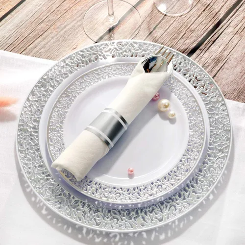 Miniatura 5 de WELLIFE 350 piezas de vajilla desechable de plástico plateado, incluye: 50 platos de cena, 50 platos de postre, 50 vasos, 50 servilletas enrolladas