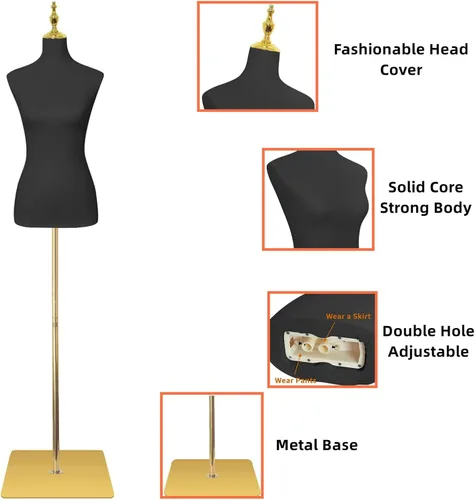 Miniatura 3 de EaseHome Cuerpo de maniquí para mujer, cuerpo de maniquí femenino, altura ajustable, formas de vestido de cuero negro para coser, soporte de cuerpo