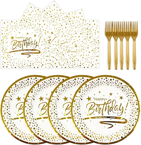 Miniatura 9 de 72 PIEZAS Platos y Servilletas de Feliz Cumpleaños Suministros para Fiestas, Platos y Servilletas de Papel con Puntos Negros y Dorados con Tenedores