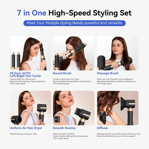 Miniatura 6 de Cepillo Secador de Cabello 7 en Uno, Set de Cabello con Iones Negativos Mejorado Estilizador de Aire Caliente Rizador Envolvente, Herramientas