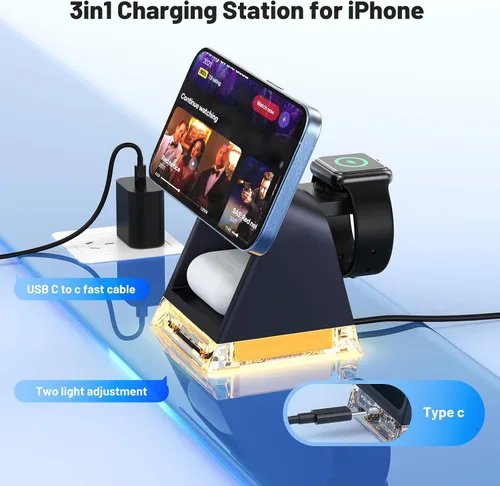 Miniatura 3 de Estación de carga rápida 3 en 1 para múltiples dispositivos Apple, soporte de cargador inalámbrico portátil con MagSafe, base de carga magnética