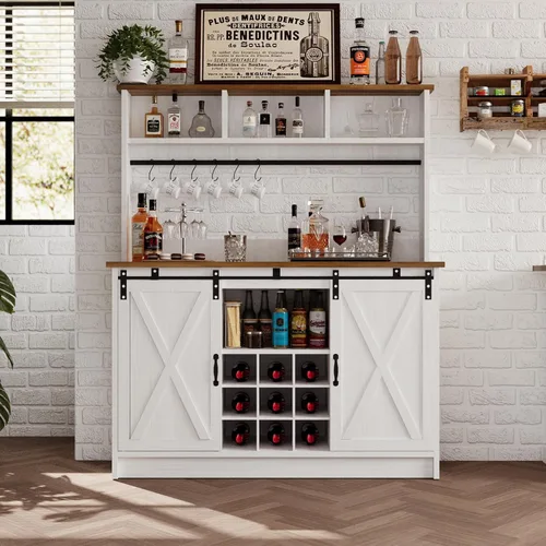 Miniatura 8 de 4ever2buy Barra de café de granja con gabinete, gabinete de buffet de 31 pulgadas con puerta corrediza de granero, armario de barra de Gris