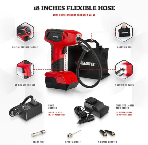 Miniatura 6 de Bullseye Pro Max Deluxe Inflador de Neumáticos Portátil Compresor de Aire, Bomba de Aire Portátil para Neumáticos de Carro, Inflador de Neumáticos