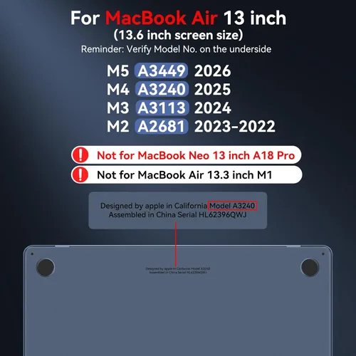 Miniatura 3 de BlueSwan Funda para MacBook Air de 13 pulgadas, M5 M4 M3 M2 2026-2022 A3449 A3240 A3113 A2681, 100% color oficial, resistente a los arañazos, fácil
