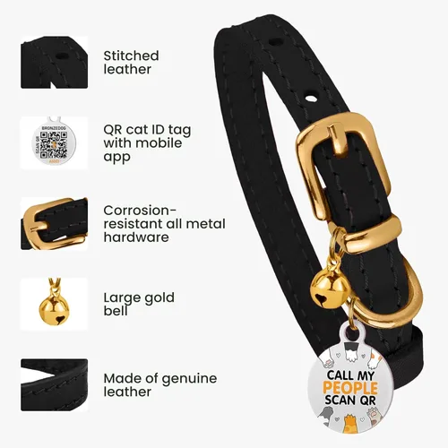 Miniatura 2 de BRONZEDOG Collar de cuero para gato con campanas extraíbles sin liberación rápida, etiqueta QR para gatito para niña y niño