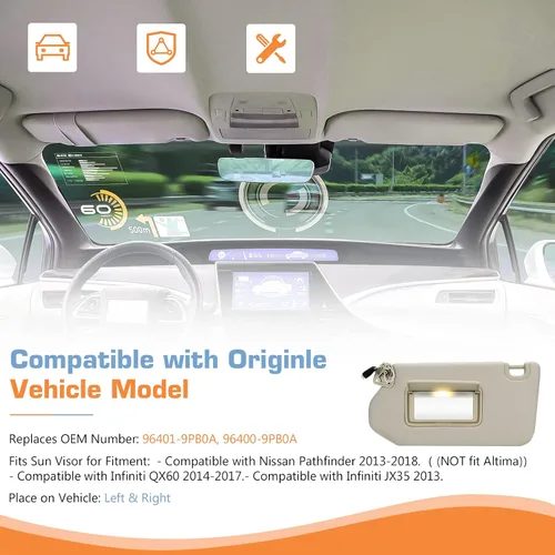 Miniatura 2 de Visera solar lateral izquierda y derecha con luz para Nissan Pathfinder 2013-2018, para Infiniti QX60 2014-2017, para Infiniti JX35 2013, repuesto
