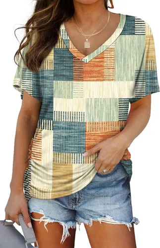 Miniatura 23 de WIHOLL - Camisetas de manga corta con cuello en V para mujer, holgadas, con fruncido lateral